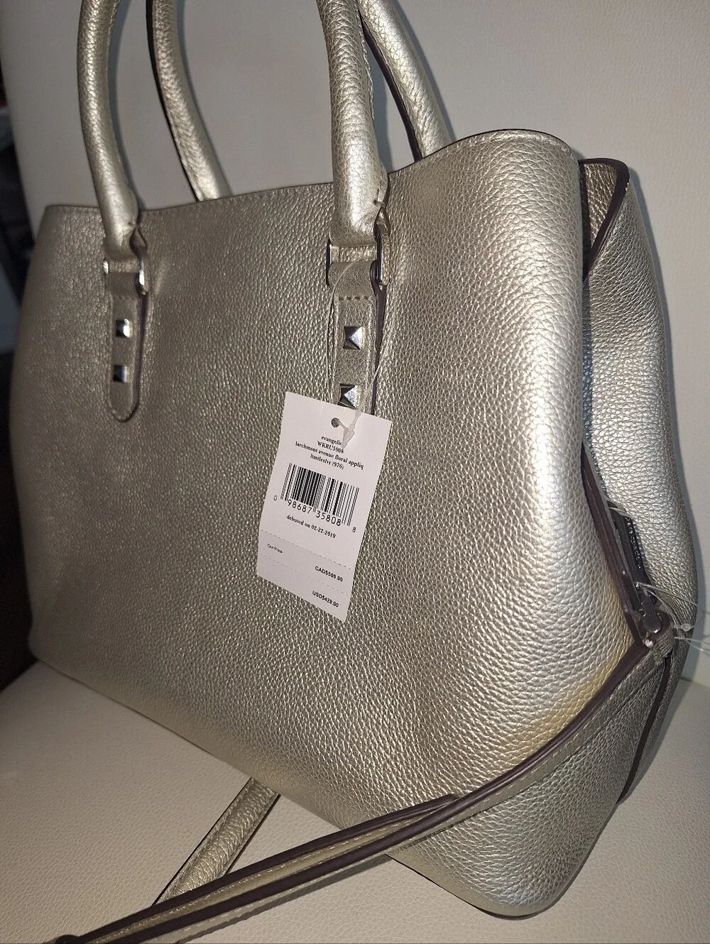 Kate Spade Light Metallic Silver Larchmont Ave Floral Evangelie Satchel NWT